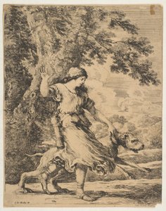 Nymfi pitelee suurta koiraa kaulapantasta, n. 1654. tekijältä Stefano della Bella