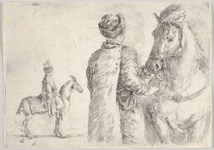 Puolalainen palvelija, takaa katsottuna, pitelee hevosen suitset oikealla, puolalainen hor..., n. 1662. tekijältä Stefano della Bella