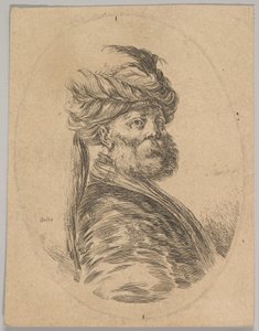 Turkkilainen mies, jolla on parta ja turbaani, yksi pitkä höyhen edessä, täytti kolme neljäsosaa..., 1650.