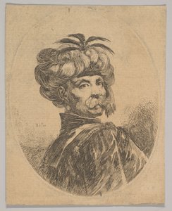 Turkkilainen viiksetinen mies, jolla on viidellä jalohöyhenellä koristeltu turbaani, turne..., 1650.