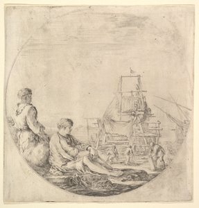 Musta merimies seisoo vasemmalla, profiilissa oikealla, valkoinen merimies istuu ..., n. 1658-63. tekijältä Stefano della Bella