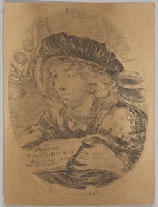 Kolme neljäsosaa vasemmalle käännetty nuoren miehen rintakuva, jossa oli höyhenhattu, ..., 1650. tekijältä Stefano della Bella