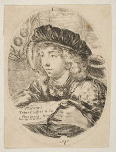 Kolme neljäsosaa vasemmalle käännetty nuoren miehen rintakuva, jossa oli höyhenhattu, ..., 1650. tekijältä Stefano della Bella