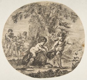 Lapsi ja satyyrilapsi leikkivät vuohen kanssa, n. 1657. tekijältä Stefano della Bella
