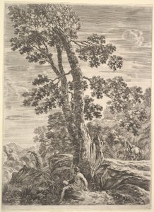 Kalastaja keskellä vasemmalle päin ja nojaten suureen puuhun, nainen kävelee..., n. 1652-57. tekijältä Stefano della Bella