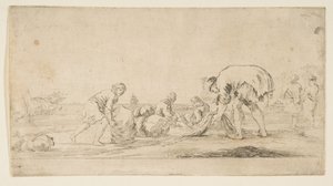Kalastaja tuomassa verkkojaan, mies vasemmalla työntää paalia oikealle, kaksipaikkainen..., n. 1662. tekijältä Stefano della Bella