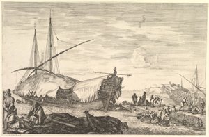 Purjeiden peittämä keittiö vasemmalla, kuusi tykkiä ja neljä ihmistä vasemmalla etualalla..., n. 1652-57. tekijältä Stefano della Bella