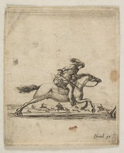 Ratsumies miekka kädessään laukkaa oikealle, muut ratsumiehet laukkaamassa..., n. 1645-46. tekijältä Stefano della Bella