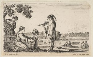 Keskellä viulua soittava mies, profiilista vasemmalle kääntynyt, istuva nainen ..., 1649. tekijältä Stefano della Bella