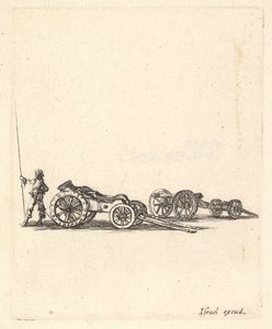 Kranaatinheitin ja tykki, molemmat kiinnitettynä vaunuihin, sotilas esitettynä takaapäin..., n. 1638-43. tekijältä Stefano della Bella