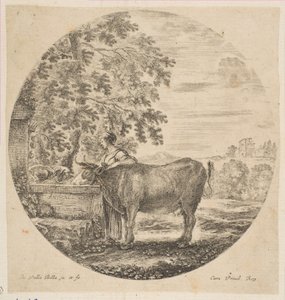 Talonpoikanainen lehmän kanssa Medici-käsivarsilla koristellun suihkulähteen luona, Six ani..., n. 1646. tekijältä Stefano della Bella