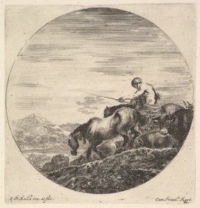 Paimen oikealla, kasvot vasemmalle, ajamassa eläinryhmää alamäkeen, pyöreä komp..., n. 1643-48. tekijältä Stefano della Bella