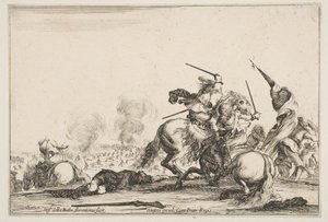 Kahakka, kaksi ratsumiestä taistelemassa miekoilla oikealla, miehet lippua kantamassa juoksemassa..., n. 1645. tekijältä Stefano della Bella