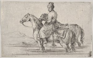 Palvelija vie kaksi hevosta uimaan, istuu yhden hevosen huipulla joessa, toisen vieressä..., n. 1662. tekijältä Stefano della Bella