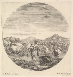 Nainen kantaa lasta keskellä, takaa katsottuna, toinen nainen oikealla, kasvot..., n. 1643-48. tekijältä Stefano della Bella