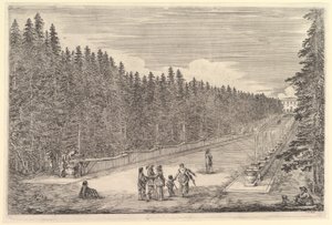 Suihkulähteiden kuja, ryhmä ihmisiä keskellä, mies ja koira istuivat oikealla, kaksi..., n. 1653. tekijältä Stefano della Bella