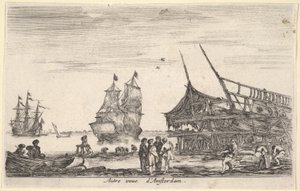 Toinen näkymä Amsterdamin Autre vue dAmsterdamiin, neljän miehen ryhmä seisoo keskellä ..., 1647. tekijältä Stefano della Bella