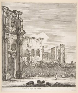 Konstantinuksen ja Colosseumin kaari, jossa lampaat laiduntavat etualalla, kuudelta suurelta näköalalta..., 1656. tekijältä Stefano della Bella