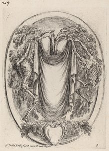 Cartouche verhon muodossa, joka on ripustettu sypressiin, jota reunustavat luurangot, 1647. tekijältä Stefano della Bella