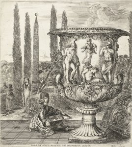 De jonge Cosimo III de Medici tekent de Medici-vaas Rooma, Medicien puutarhassa, poikkeuksellinen marmori (otsikko esineessä) Gezichten op Rome en omgeving (sarjan nimi) Kuusi grandes vues, dont quatre de Rome et deux de la Campagne romaine (sarjan nimi) tekijältä Stefano della Bella