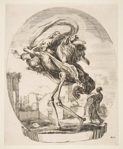 Kuolema, joka kantaa naisen, viidestä kuolemasta Les cinq Morts, n. 1648. tekijältä Stefano della Bella