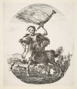 Kuolema hevosen selässä trumpetti kädessään, viidestä kuolemasta Les cinq Morts, n. 1648. tekijältä Stefano della Bella