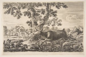 Hirvenmetsästys, alkaen Eläinmetsästykset Erilaisten eläinten metsästys, n. 1654. tekijältä Stefano della Bella