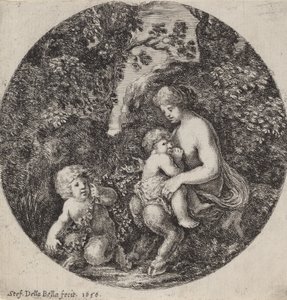 Naissatyyri imettää lasta metsäisessä maisemassa, 1656.