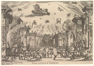 Viides kohtaus, Inferno, jumalten häät Le nozze degli Dei, 1637. tekijältä Stefano della Bella
