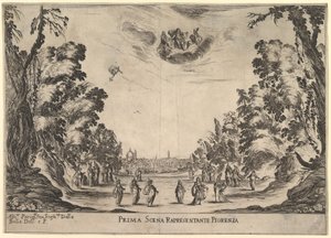 Ensimmäinen kohtaus Firenzessä jumalten häät Le nozze degli Dei, 1637. tekijältä Stefano della Bella
