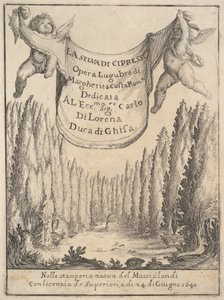 Sypressimetsän etupuoli La selva di cipressi: kaksi puttia pitelevät kuvakudosta vuonna 1640. tekijältä Stefano della Bella