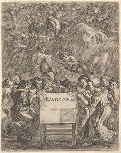 Scarronin teosten etukappale uvres de Scarron, tuolissa istuva runoilija..., 1649. tekijältä Stefano della Bella