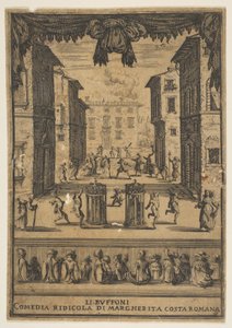 Etukappale komediaan The Buffoons Li Buffoni, lavalle asetettu p..., noin. 1639. tekijältä Stefano della Bella