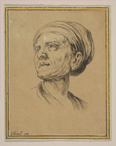Naisen pää kolmen neljänneksen näkökulmasta, eri päistä ja hahmoista Diverses tétes et..., 1650. tekijältä Stefano della Bella