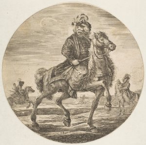 Unkarilainen ratsastaja ratsastaa oikealle, taustalla muut hevosmiehet, sirkus..., n. 1651. tekijältä Stefano della Bella