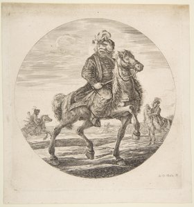 Unkarilainen ratsastaja ratsastaa oikealle, taustalla muut hevosmiehet, sirkus..., n. 1651. tekijältä Stefano della Bella