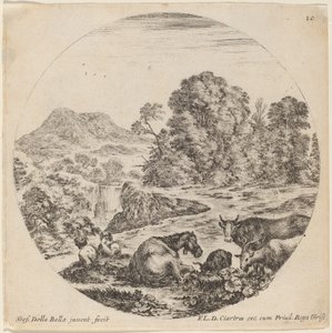Maisema eläinten ja kahden istuvan paimenen kanssa, 1646. tekijältä Stefano della Bella