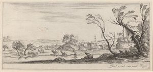 Maisema, jossa talonpoika valmistautuu ylittämään puron vuonna 1647 tai sitä ennen. tekijältä Stefano della Bella