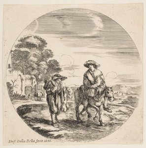 Maisema, jossa kaksi talonpoikaa, yksi ratsastaa, maisemista ja merisatamista Paysages..., 1656. tekijältä Stefano della Bella