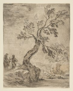 Maisema kahdella naisella, toinen aasin selässä, n. 1660. tekijältä Stefano della Bella