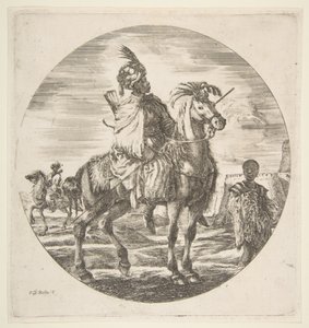 Maurilainen ratsumies profiilissa oikealle, musta orja turkista oikealla, toinen..., n. 1651. tekijältä Stefano della Bella