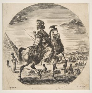 Maurilainen ratsumies profiilissa oikealle, taustalla pyramidi vasemmalla, paljon fi..., n. 1651. tekijältä Stefano della Bella