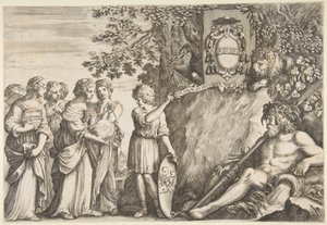 Ornamenttisuunnittelu opinnäytetyölle, Strozzi-vaakuna ylhäällä, n. 1660. tekijältä Stefano della Bella