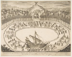 Laivan muotoinen paraatikelluke, Modenan suurherttua vaakuna ylhäällä, 1652. tekijältä Stefano della Bella