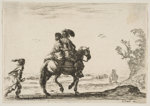 Kilpi 10: ratsasmies ja nainen takaa katsottuna, ratsastavat oikealle nuoren..., 1642. tekijältä Stefano della Bella