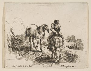 Levy 11: Nuori ratsumies edestä katsottuna, vetämässä toista hevosta, Diverilta..., n. 1644-47. tekijältä Stefano della Bella