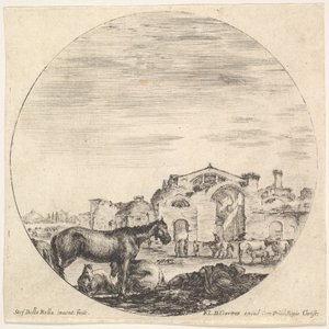 Levy 12: Paimen nukkuu maassa oikealla, kolme hevosta vasemmalla, muu h..., n. 1643-48. tekijältä Stefano della Bella
