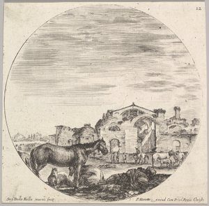 Levy 12: Paimen nukkuu maassa oikealla, kolme hevosta vasemmalla, muut h..., n. 1643-48. tekijältä Stefano della Bella