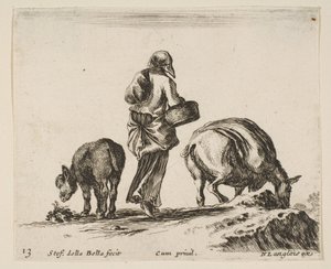 Levy 13: talonpoikanainen, takaa katsottuna, kädessään kori keskellä, aasi..., n. 1644-47. tekijältä Stefano della Bella