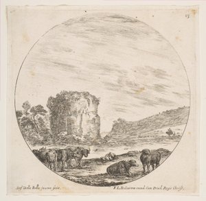 Taulu 13: temppelin rauniot roomalaisessa maisemassa, roomalaisista maisemista ja raunioista P..., n. 1646. tekijältä Stefano della Bella